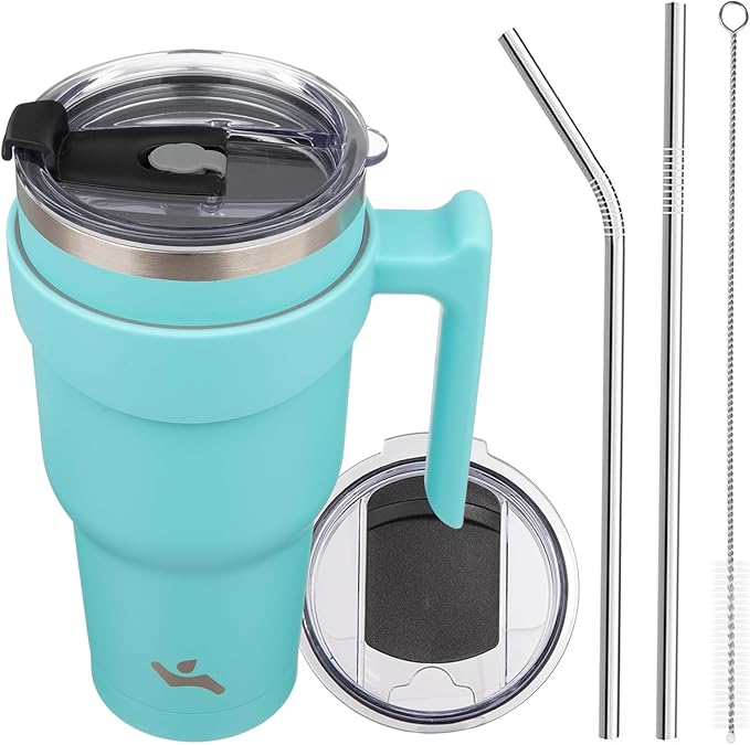40 oz Tumbler with Handle and 2 Straw 2 Lid, Insulated Water Bottle Stainless Steel Vacuum Cup Reusable Travel Mug,Turquoise