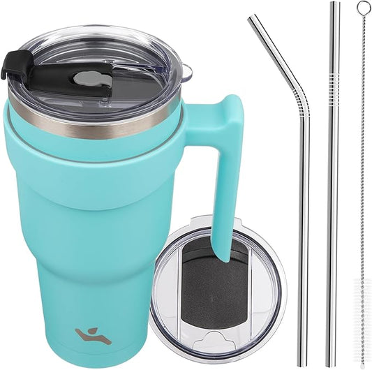 40 oz Tumbler with Handle and 2 Straw 2 Lid, Insulated Water Bottle Stainless Steel Vacuum Cup Reusable Travel Mug,Turquoise