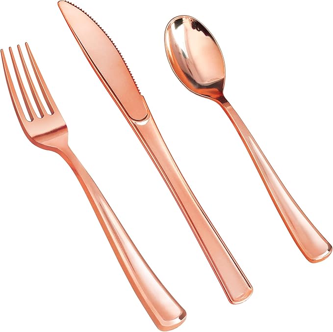 SETUP [160 Count] Disposable Silverware, Rose Gold Combo Cutlery - 80 Forks, 40 Spoons, 40 Knives - Heavy Duty, and Durable Rose Gold Plastic Silverware Set Great for Parties, Events, and Everyday use
