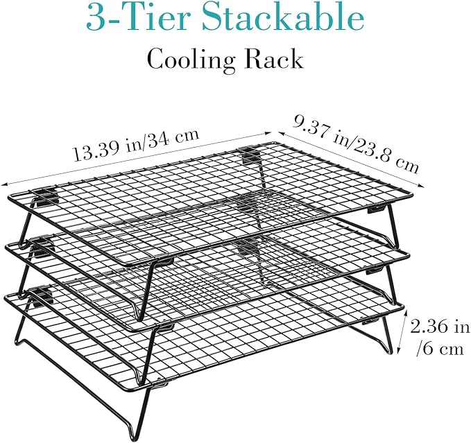 3PCS Stackable Cooling Rack for Baking, 13.3 x 9.3 Inch Carbon Steel Wire Rack with Folding Legs for Cookie Cake Pizza Jerky, Multi-Use Bread Oven Racks for Cooking Roasting Drying Grilling
