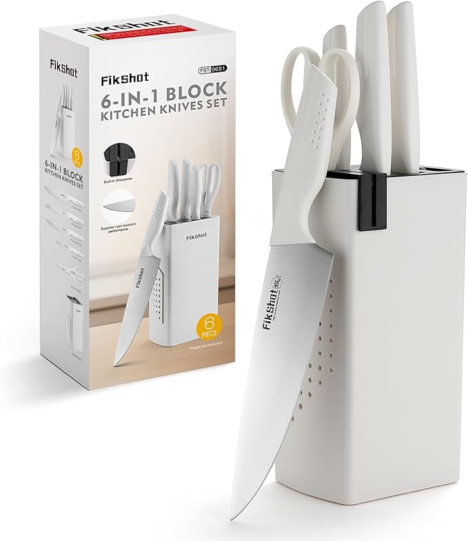 Knife Set, FIKSHOT 6-Piece Kitchen Knife Block Set with & Built-In Sharpener, Dishwasher Safe High Carbon Stainless Steel Blades, Rust-Resistant – Ideal Housewarming Gift