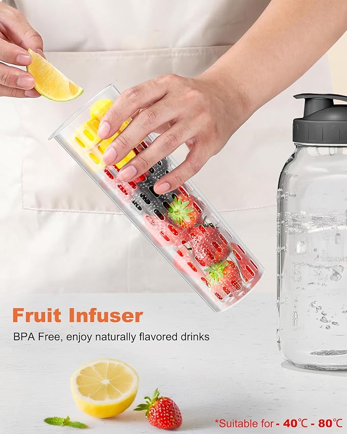 64oz Mason Jar Pitcher with Fruit Tea Infuser – Airtight & Leakproof Glass Pitcher with Lid, Perfect for Iced Tea, Sun Tea and Cold Brew, 2 Quart (1/2 Gallon) Wide Mouth Mason Jar with Pour Spout Lid