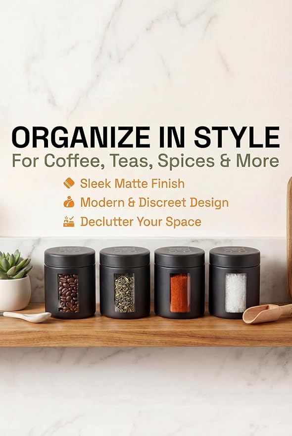 Treehouse Smell Proof Containers (120mL), Jars with Airtight Lids for Herbs, Spices, Coffee and Tea, Air Tight Glass Storage Jars with UV Protection Glass, (Set of 4) (Matte Black)