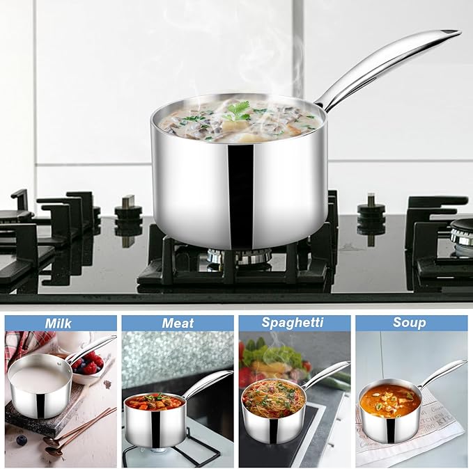 TeamFar 2qt Saucepan with Lid, Stainless Steel Tri-Ply Sauce Milk Pan Small Cooking Pot with Ergonomic Handle, for Induction/Gas/Electric/Ceramic, Non-toxic & Healthy, Heavy Duty & Dishwasher Safe