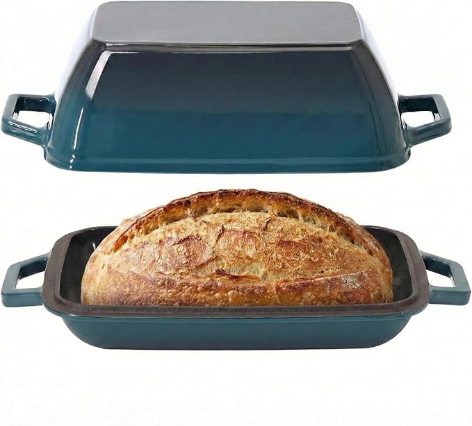 Oval Cast Iron Dutch Oven for Bread Baking 12x8 Inch Enameled Bread Pan with Lid 6QT Cast Iron Bread Dutch Oven for Sourdough，DarkCyan