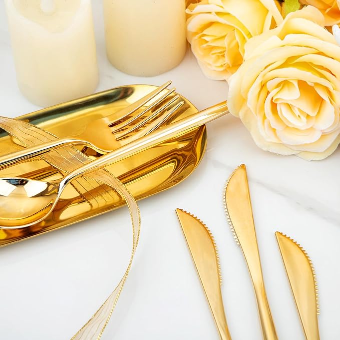 U-QE 120Pcs Gold Plastic Silverware, Luxury Plastic Cutlery, Heavy Weight Flatware, Gold Disposable Utensils Set Include 60 Forks, 30 Spoons,30 Knives for Party
