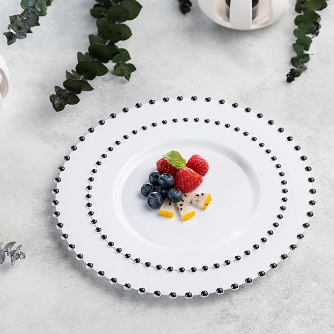 PLASTICPRO 32 Piece Combo Plastic Dinner Plates Disposable Plastic Fancy Heavy Duty Party Dishes 7 inch and 10 inch, White and Black Beaded