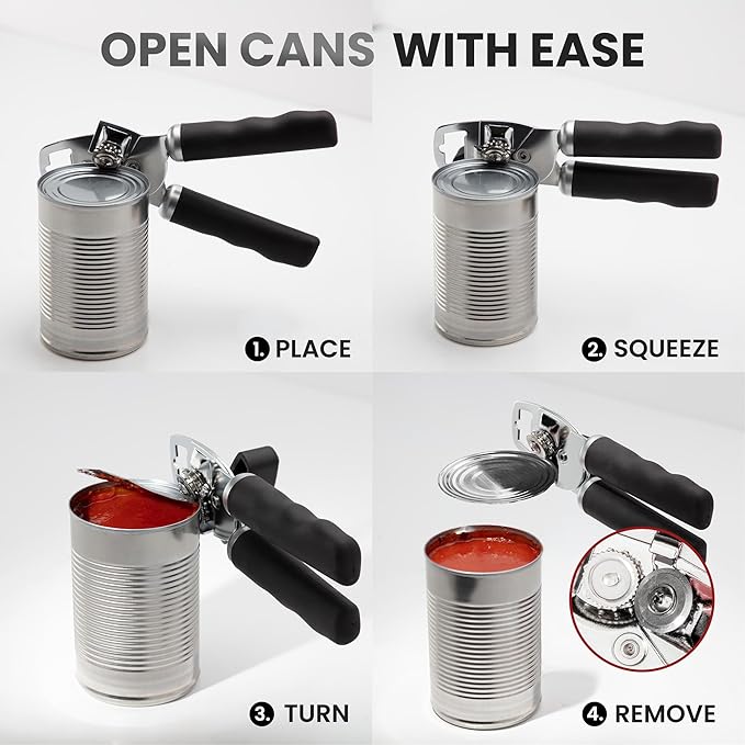 Zulay Kitchen COMFY™ Can Opener Manual with Bottle Opener - Rust Proof Stainless Steel Manual Can Opener With Turn Knob & Comfy Soft Grip Handles - Black