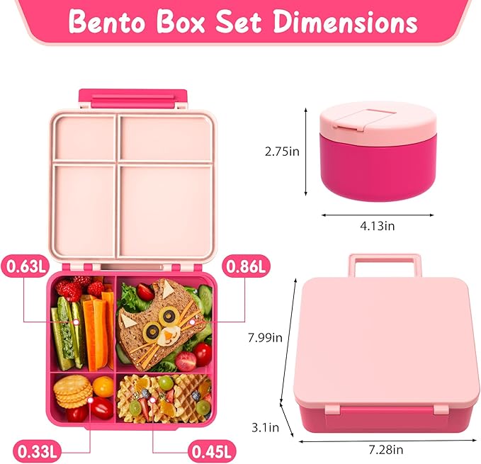 Bento Lunch Box Kids with 8oz Soup Thermo, Leak-Proof Lunch Containers with 4 Compartment, Thermo Hot Food Jar and Insulated Lunch Box for School Pink