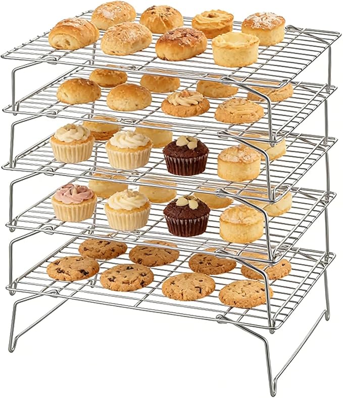 Herogo 5-Tier 15" x 10" Cooling Rack, Stainless Steel Baking Rack for Cookies, Cupcakes, and Pastries, Collapsible Space-Saving Design, Dishwasher Safe, Ideal for Baking, Roasting, and Drying
