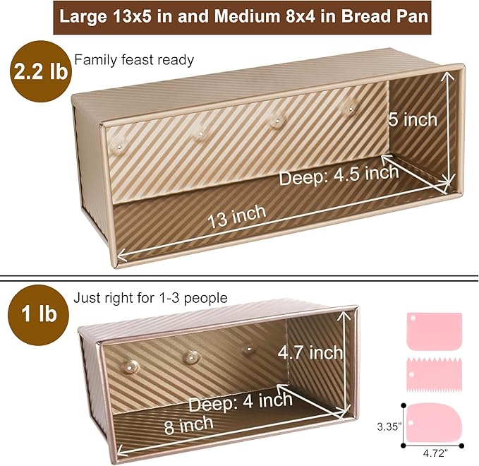 Pullman Loaf Pan with Lid - 2 Pack 2.2LB & 1LB Dough Capacity Nonstick Bread Pans for Homemade Sandwich, Toast & Sourdough Bread, 13x5 & 8x4 Corrugated Bread Loaf Pan with Cover, Golden