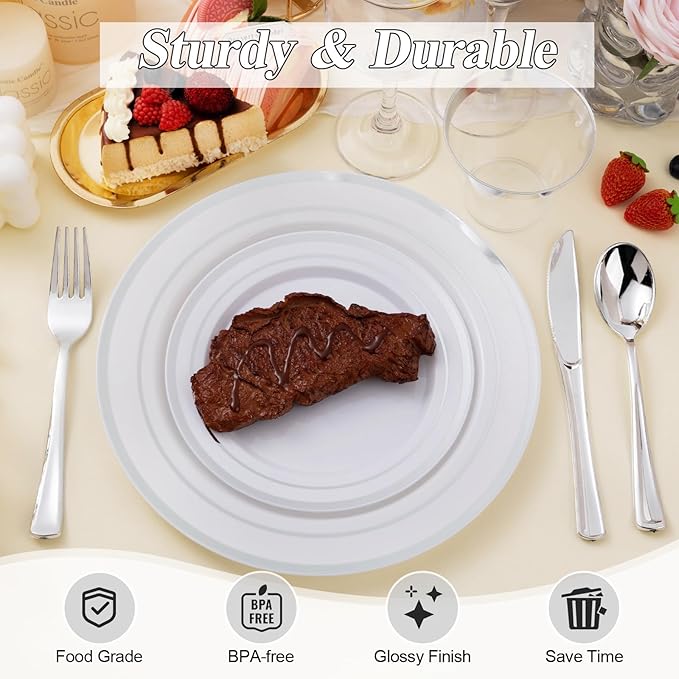 BESTSTAR 100 Piece Silver Rim Plastic Plates - 50 Dinner Plates 10.25" & 50 Dessert Plates 7.5" - Premium White Disposable Plates, Heavy Duty & Elegant for Wedding, Party, and Formal Events