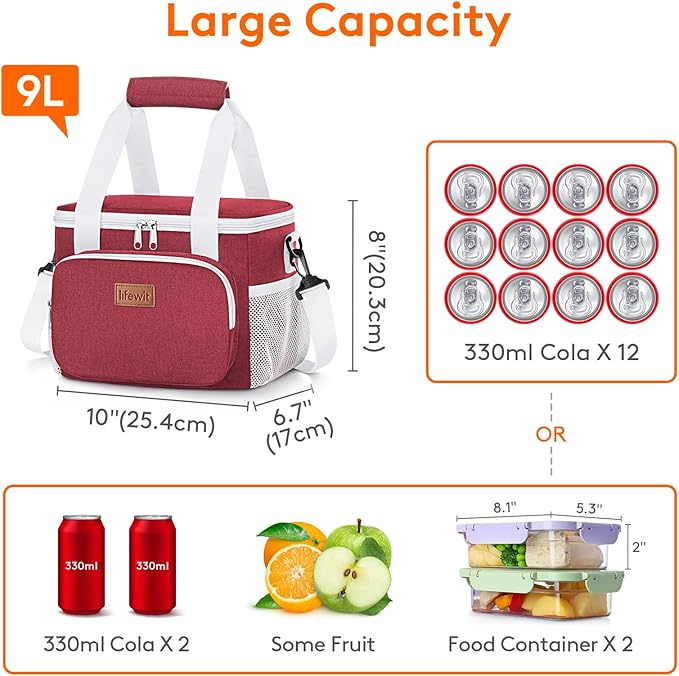 Lifewit Medium Lunch Bag Insulated Lunch Box Soft Cooler Cooling Tote for Adult Men Women, White and Red12-Can (9L)