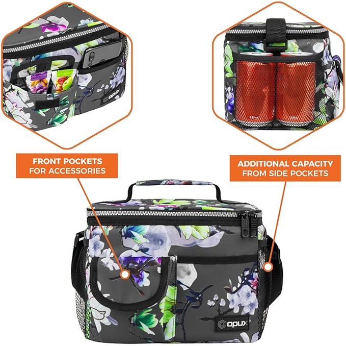 opux Insulated Lunch Bag for Men Women, Leakproof Floral Grey Lunch Box for Work, Portable Soft Lunch Cooler Bag with Shoulder Strap, Adult Lunchbox Lunch Pail for Kid Boy Girl School, 14 Can/8L