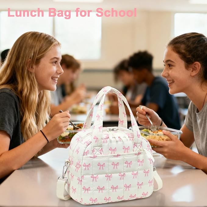 LEDAOU Lunch Box for Women Lunch bag Quilted Puffer Lunch Box with Adjustable Strap Insulated Reusable LunchBox for Work School Picnic Travel (Pink Bow - Beige)