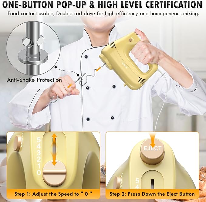 Electric Hand Mixer with Stainless Steel Whisk, Dough Hook Attachment and Storage Bag, Handheld Mixer for Baking Cakes, Eggs, Cream Food Mixers. Turbo Boost /5 Speed Kitchen Blender Yellow