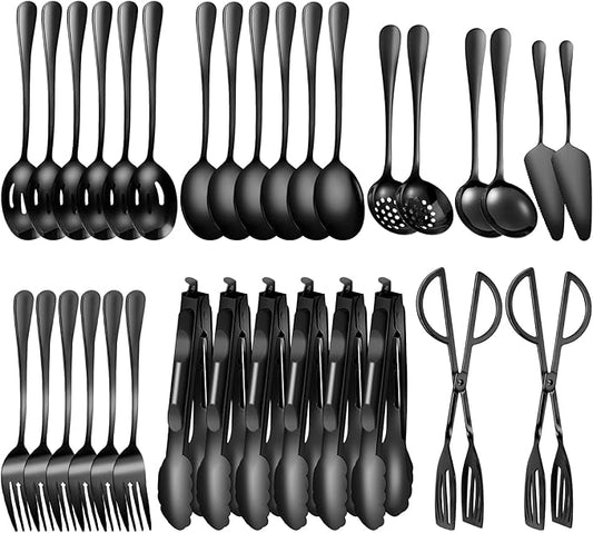32Pcs Serving Utensils Set Serving Spoons, Buffet Tongs, Cake Spatula, Forks, Perforated Ladles, Soup Scoops, Skimmers and Black Heavy-Duty Serving Tongs (BLACK1)