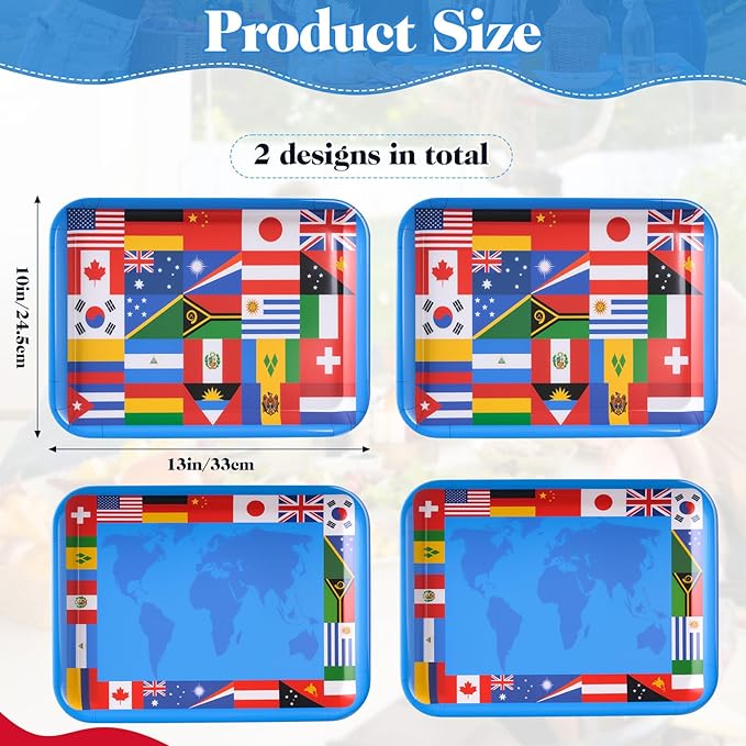 Vesici 4 Pack World Flag Serving Trays 13x10 Melamine Platters for Around the World Party Decorations, Rectangular International Map Dishes for Multicultural Global Theme Appetizers, Missionary Events