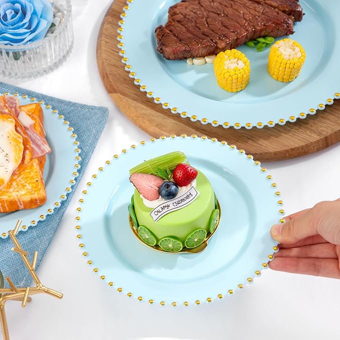 EI 60pcs Blue Plastic Plates,Dispoable Heavy Duty Plastic Plates with Gold Rim,Baby Blue 10" Dinner & 7" Dessert Plate,Fancy Elegant Plate for Party,Birthday,Afternoon Tea