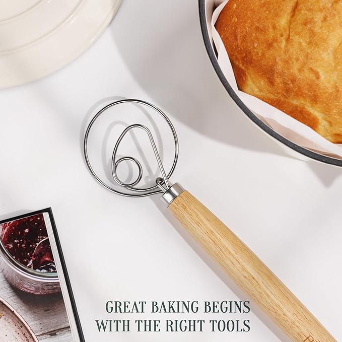 13-Inch Danish Dough Whisk – Wooden Handle with Stainless Steel Single Loop – Bread Whisk for Sourdough, Pizza Dough, Cake Batter and Artisan Bread Baking