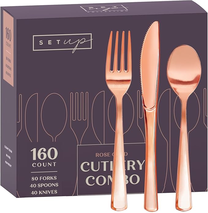 SETUP [160 Count] Disposable Silverware, Rose Gold Combo Cutlery - 80 Forks, 40 Spoons, 40 Knives - Heavy Duty, and Durable Rose Gold Plastic Silverware Set Great for Parties, Events, and Everyday use