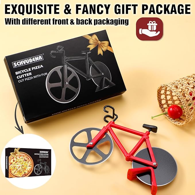 Bicycle Pizza Cutter Wheel - Gifts for Cyclists, Men, Dad, Bike Lovers - Funny Kitchen Gadgets - Cool Father’s Day, Christmas, Birthday, White Elephant Gifts - Stainless Steel Pizza Slicer(Red)