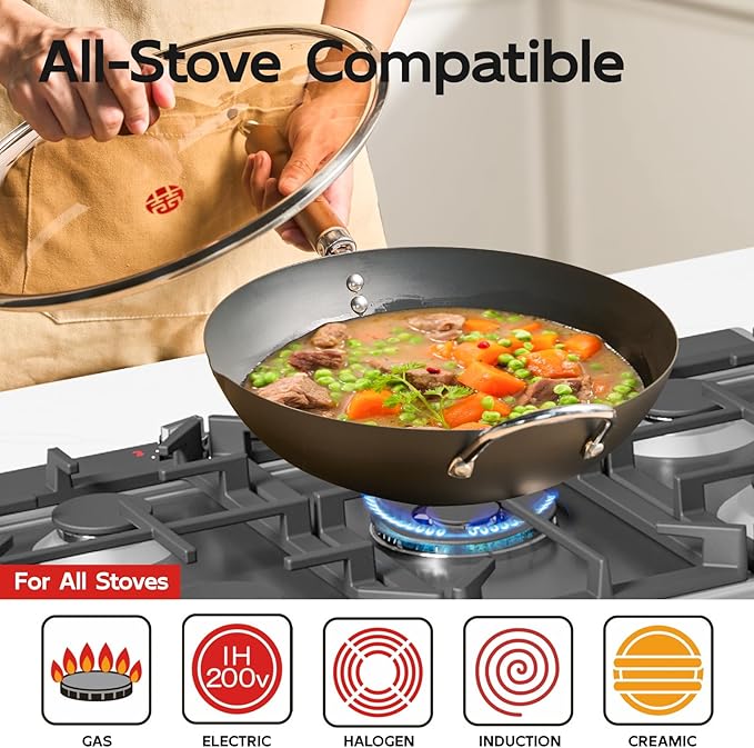 WANGYUANJI 13.4" Heavy Duty Carbon Steel Wok (Seasoning Required), Large Refined Iron Stir Fry Pan for 3-5 People, Uncoated Flat Bottom Induction Wok, Durable Cookware