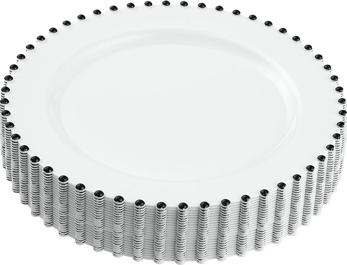 PLASTICPRO 64 Piece Combo Plastic Dinner Plates Disposable Plastic Fancy Heavy Duty Party Dishes 7 inch and 10 inch, White and Black Beaded