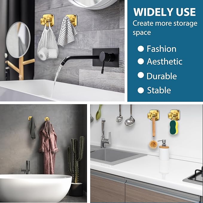 Suction Cup Hooks for Shower,No-Drill Removable Duty Shower Suction Cup Wreath Hooks for Bathroom Wall, Glass, Windows,Mirrors Kitchen to Hang Towels,Robes,Coat, Loofah-Gold(4 Pack)