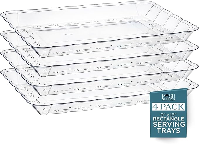 Posh Setting Clear Serving Trays Disposable - Plastic Platters - Plastic Platters and Trays for Party- Clear, Gold & Black, White Serving Dishes, 9x13, 4 Pack