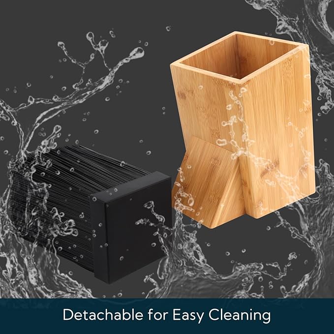 Bamboo Universal Knife Block with Bristles Bamboo Knife Stand Organizer Holder, Convenient Safe Storage for Knives & Utensils, Detachable Bristles for Easy Cleaning -by KITCHENDAO