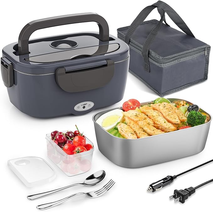 Electric Lunch Box Food Heater for Adults 80W Portable Food Warmer for Car/Home 1.5L Heated Lunch Box for Adults, 12V/24V/110V Loncheras para Hombres de Trabajo lonchera eléctrica portátil