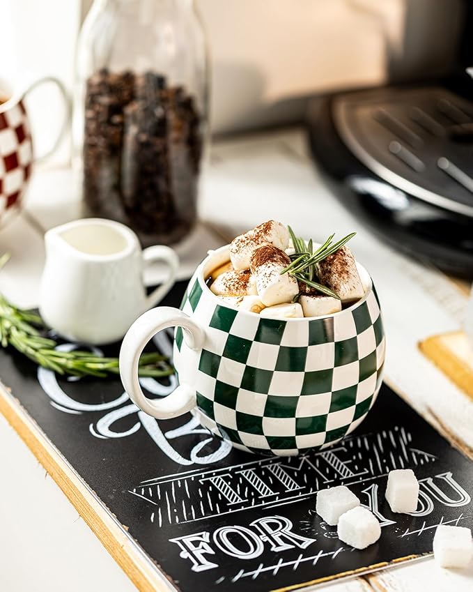 LAUCHUH 18oz Coffee Mugs, Large Coffee Cups Ceramic Checkered Cappuccino Cups with Handle Mug Set of 6 for Mother's Day, Tea, Cocoa, Milk, Green and White