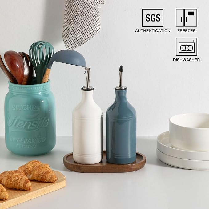 Sweejar Ceramic Olive Oil Dispenser Bottle Set, Opaque Oil Cruet Protects to Reduce Oxidation, Suitable For Storage Of Vinegar, Soy Sauce & Other Liquids,Pack of 2,15.5 Fl Oz（White Fogblue）