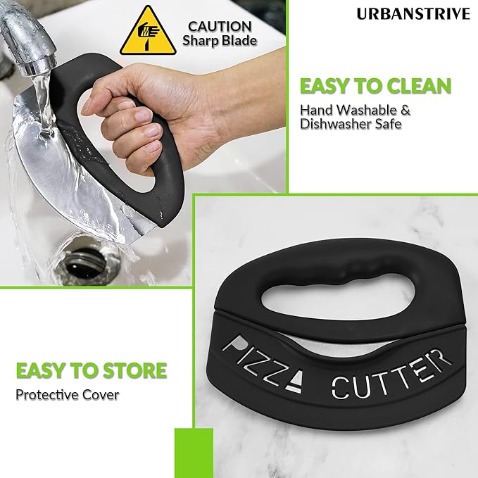 Urbanstrive Heavy Duty Stainless Steel Pizza Cutter with Cover, Super Sharp Blade Pizza Knife Pizza Cutter Rocker, Perfect Kitchen Gadgets for Pizza Cutting Home Essentials (Black)
