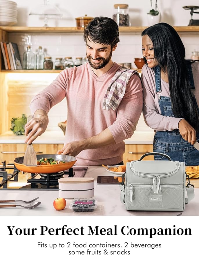 Lunch Bag for Women Men Adult Insulated Lunch Box, Leakproof Lunch Cooler Bag with Front Pocket & Adjustable Shoulder Strap, Reusable Large Lunch Tote Bag for Work Office Travel Picnic, Grey