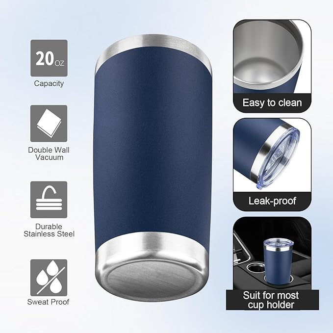20oz Tumbler with Lid and Straw Double Wall Powder Coated Vacuum Insulated Coffee Tumbler Stainless Steel Insulated Travel Coffee Mug Spill-Proof Thermal Cup for Hot and Cold Beverage,Navy Blue