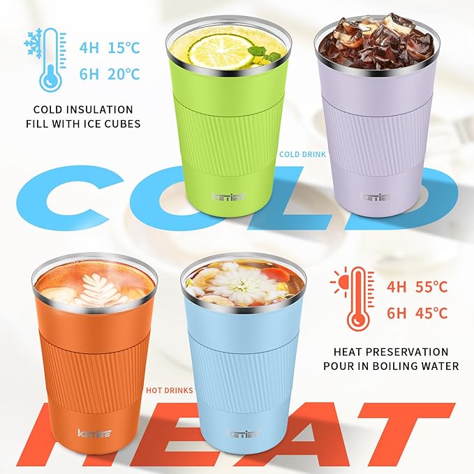 KETIEE Travel Coffee Mug 12oz: Insulated Coffee Cup with Leakproof Lid, Coffee Tumbler, Reusable Coffee Cups with Seal Lid, Vacuum Stainless Steel Coffee Mug to Go for Hot/Iced Water Tea