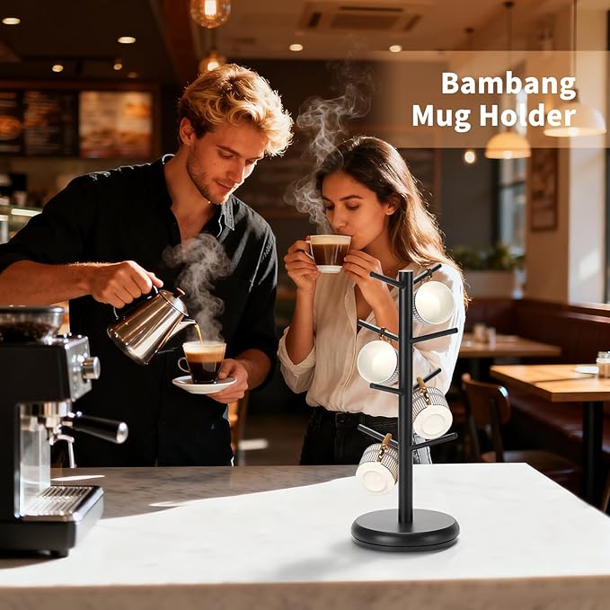BAMBANG Coffee Mug Tree, 360° Rotating Bamboo Cup Holder Tree for Counter Top, Mug Rack with 8 Hooks, Mug Stand for Coffee Bar, Home, Black