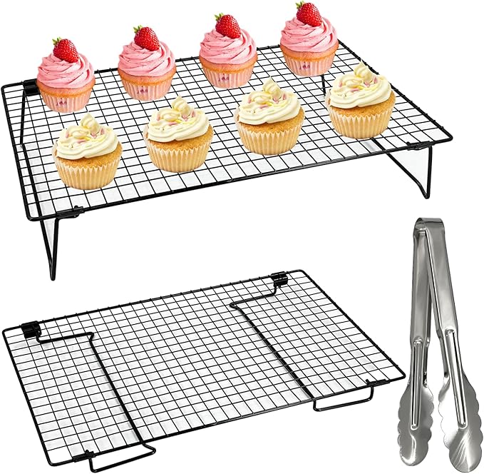 2-Pack 16.9x11inch Cooling Rack with Collapsible Legs & Stainless Steel Food Tongs - Folding Cooking Baking Grilling Rack for Oven, Drying, Roasting (Black)