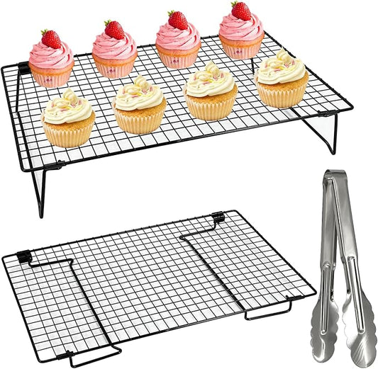 2-Pack 16.9x11inch Cooling Rack with Collapsible Legs & Stainless Steel Food Tongs - Folding Cooking Baking Grilling Rack for Oven, Drying, Roasting (Black)