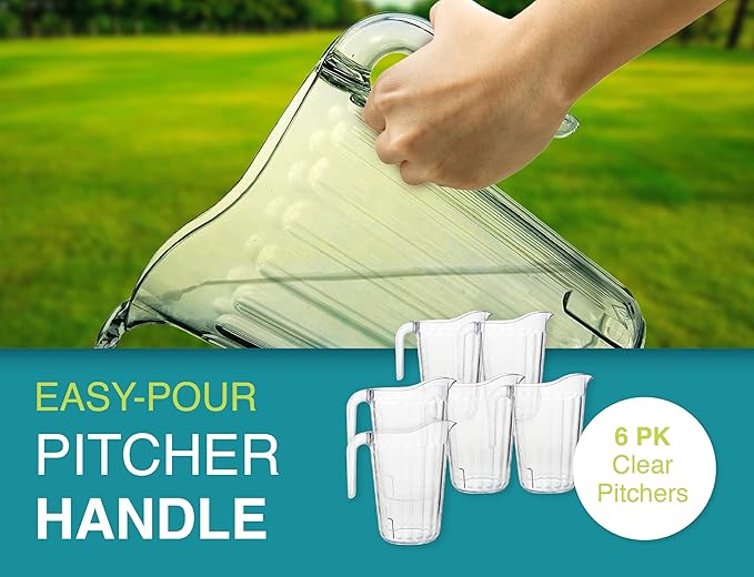 Arrow Home Products Clear Plastic Pitcher, 60 Ounce - 6 Pack Bulk Set for Bars and Restaurants - Space-Saving Stackable Design - Fill with Ice Water, Beer - Made in the USA, BPA Free, Dishwasher Safe