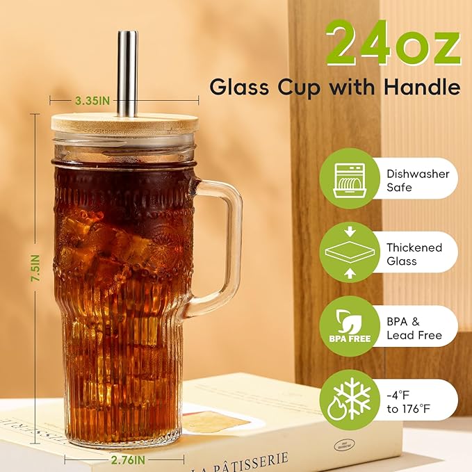 Glass Cups with Bamboo Lids and Straws, 24oz Glass Tumbler with Handle, Stainless Steel Straws & Cleaning Brushes – Boho Pattern Iced Coffee Cup for Smoothies, Tea, and Gifts, Set of 2