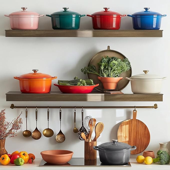 Overmont Enameled Cast Iron Dutch Oven - 5.5QT Pot with Wide Handles Lid Cookbook & Cotton Potholders - Heavy-Duty Pre-Seasoned Cookware Oven Safe to 500°F for Braising, Stews, Roasting, Bread Baking