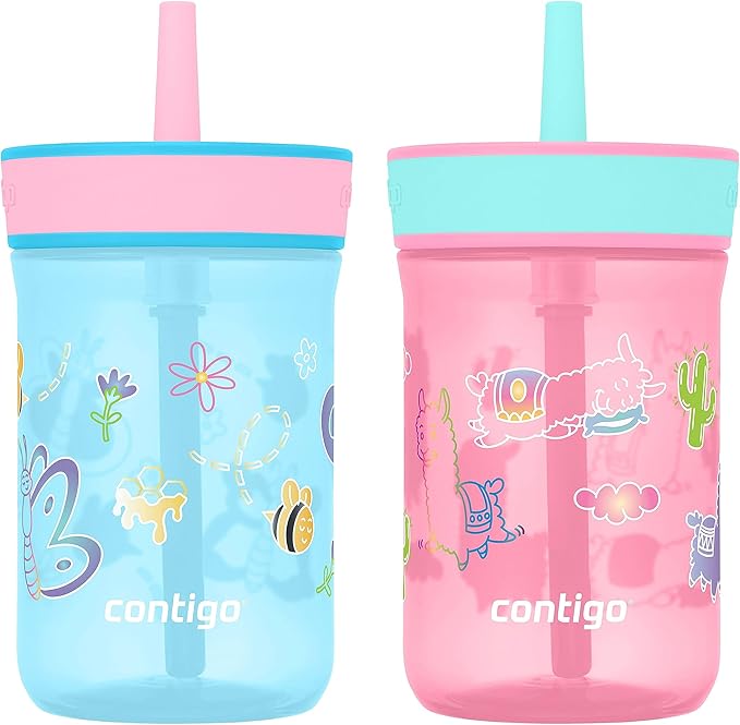 Contigo Leighton Kids Water Bottle, 2-Pack, 14oz, Spill-Proof, Blue Raspberry/Azalea & Butterlies/Llamas, Dishwasher Safe Tumbler with Straw