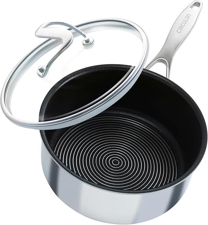 Circulon Clad Stainless Steel Saucepan with Glass Lid and Hybrid SteelShield and Nonstick Technology, 2 Quart - Silver