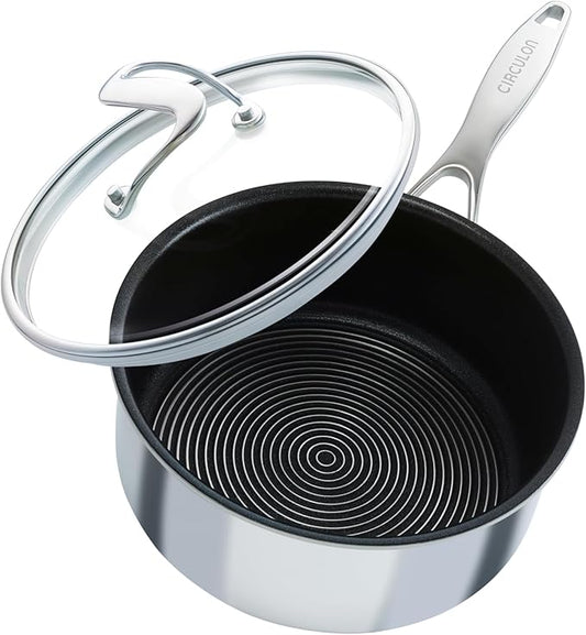 Circulon Clad Stainless Steel Saucepan with Glass Lid and Hybrid SteelShield and Nonstick Technology, 2 Quart - Silver