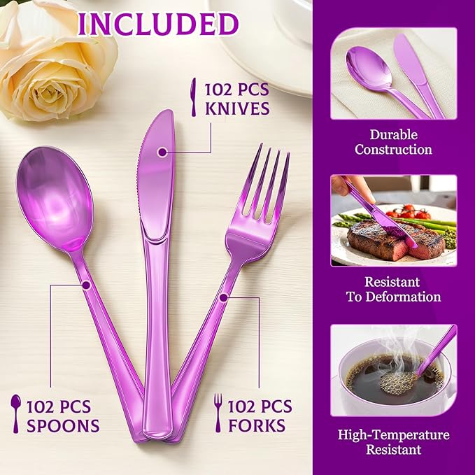 306 Pack Plastic Silverware Set - Heavy Duty Silverware Disposable Set - 102 Forks 102 Knives 102 Spoons Plastic Cutlery Disposable Utensils Set for Easter Party Dinner Wedding Gathering（Purple）