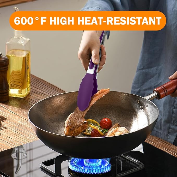 Kitchen Tongs, Stainless Steel Cooking Tongs with Silicone Tips, 600ºF High Heat-Resistant Non Scratch Locking Tongs for Cooking BBQ Grilling Air Fryer Pans, Set of 2 (7" 9" and 12") Purple