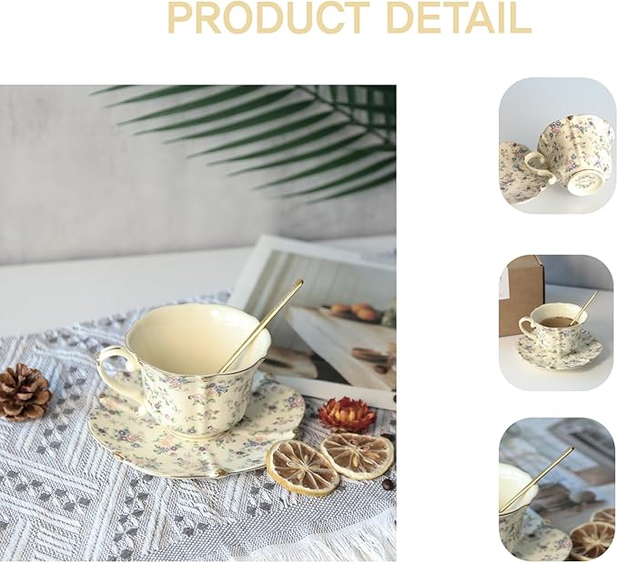 Vintage Floral Porcelain Tea Cup and Saucer Set with Spoon, Gold Trim, 6.4 oz – Set of 2, Beige – Tea & Espresso & Coffee Cups (2, Beige)